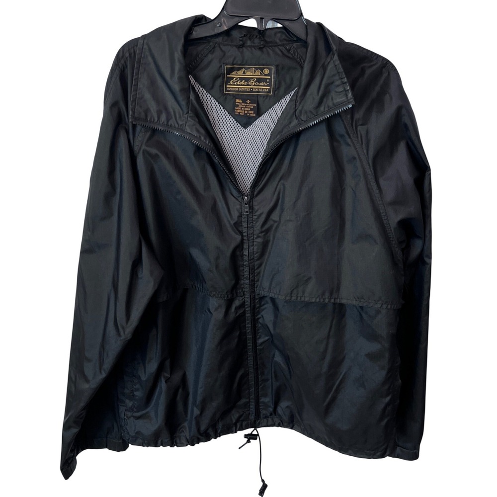 Eddie Bauer Mens Black Nylon Windbreaker Jacket Mesh Lined Hooded Medium READ